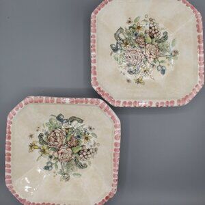 2 Unique Himark Vintage Rose English Garden Floral Square Bowls MacKensie-Childs